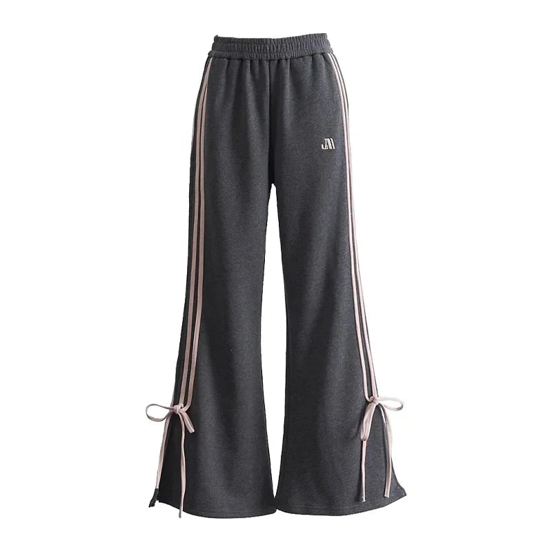 womens gray flared joggers with pink bows korean outfits coquette aesthetic