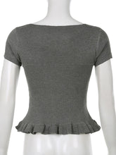 Kawaii Aesthetic Coquette Dollette Short Puff Sleeve Gray Milkmaid Top