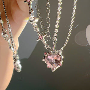 Kawaii Aesthetic Y2K Korean K-pop Jewelry Heart Crystal Pendant Silver Necklace
