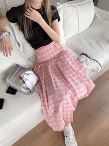 Kawaii Korean Aesthetic Pink Gingham Midi Pleated Skirt