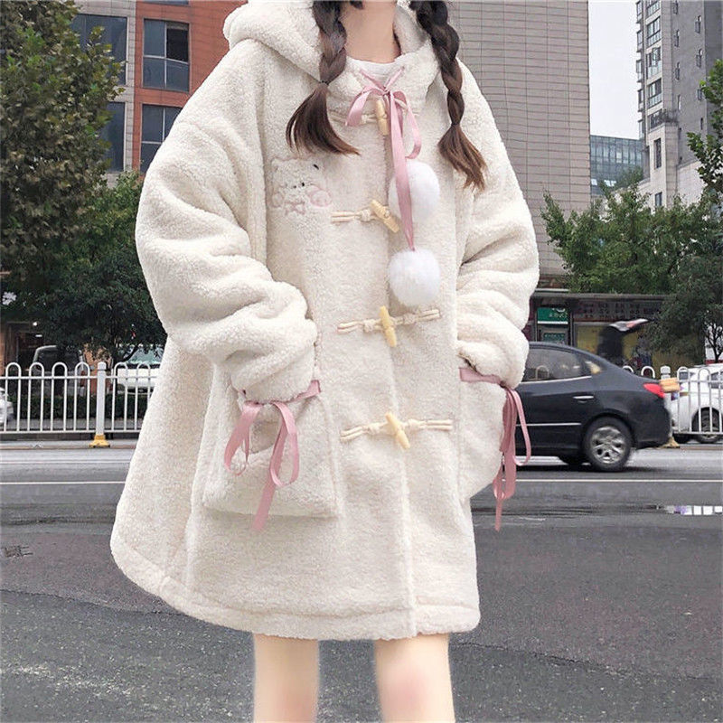 Harajuku Kawaii Aesthetic Dollette Pink Ribbon Pom Pom White Sherpa Co ...