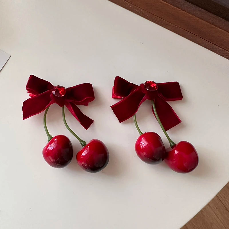 womens cherry clips red bow hair clips