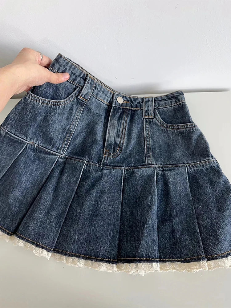 womens y2k fashion denim mini skirt pleated
