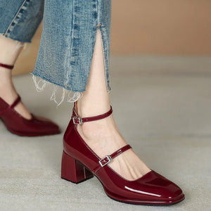 womens burgundy cherry red heels patent leather dark red mary jane shoes with straps low heel chunky heel 