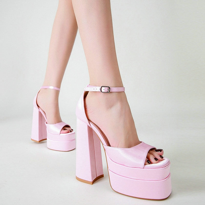Womens Aesthetic Black Pink Satin Chunky High Heel Platform Sandals – The  Kawaii Factory