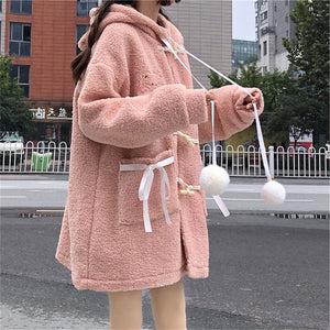 Harajuku Kawaii Aesthetic Dollette Pink Ribbon Pom Pom White Sherpa Coat