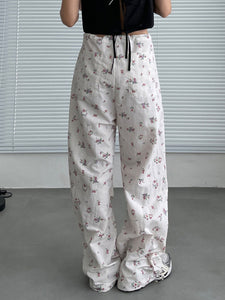 Harajuku Kawaii Aesthetic Y2K Floral White Baggy Cargo Trousers Parachute Pants