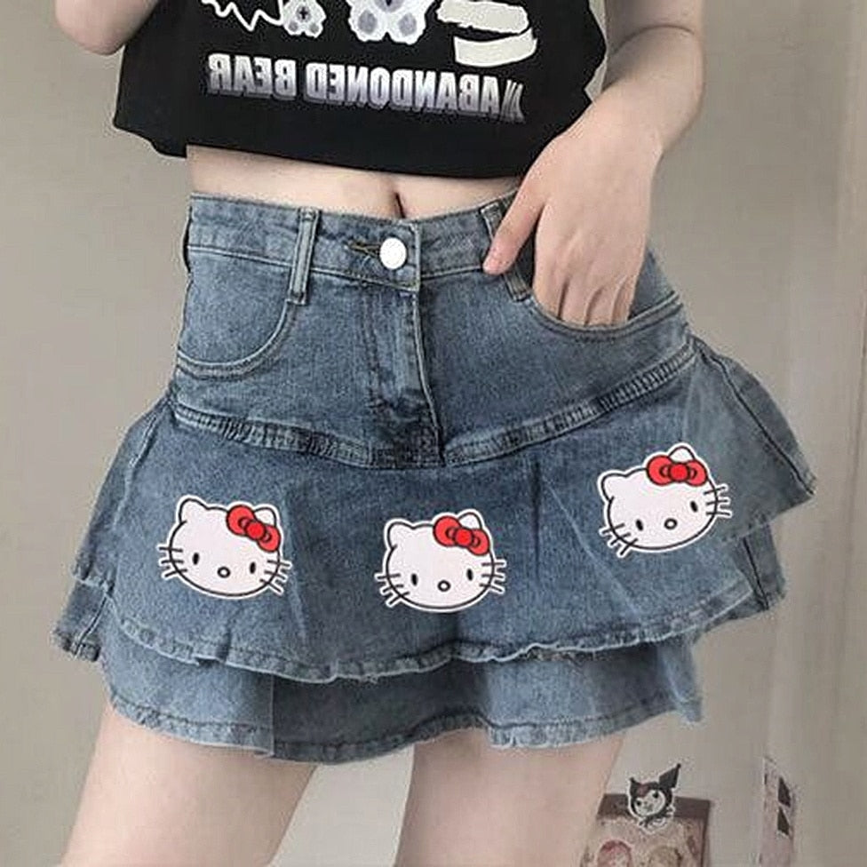 Harajuku Kawaii Aesthetic Y2K Hello Kitty Denim Mini Skirt