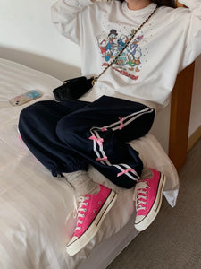 korean outfits navy blue sweatpants with pink bows