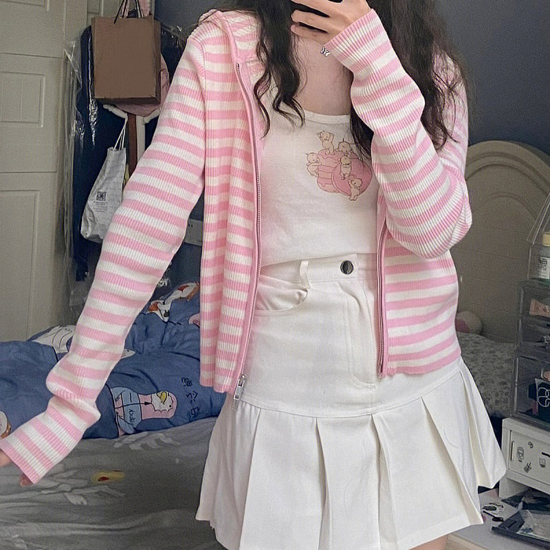 Pink And White Stripe Hoodie