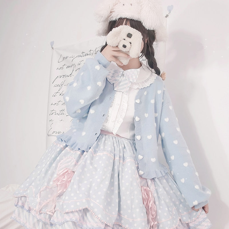 Kawaii Sweet Lolita Coquette Dollette Aesthetic Pastel Heart Print Cardigan