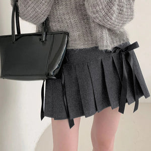 korean outfits dark gray pleated mini skirt with bows