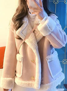 ladies pink coat for winter with white fur trim and gold buttons shearling 