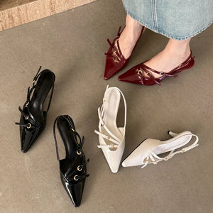 womens elegant slingback kitten heels black white dark red patent leather low heel pumps