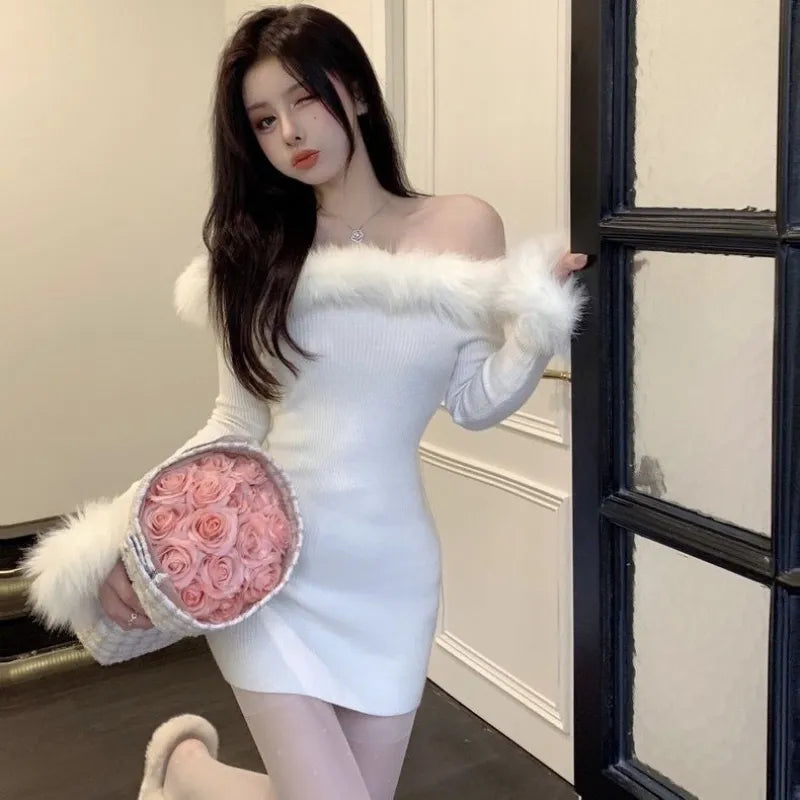 Womens Winter Coquette Faux Fur Trim Long Sleeve White Knit Mini Dress The Kawaii Factory Womens Winter Coquette Faux Fur Trim Long Sleeve White Knit Mini Dress The Kawaii Factory