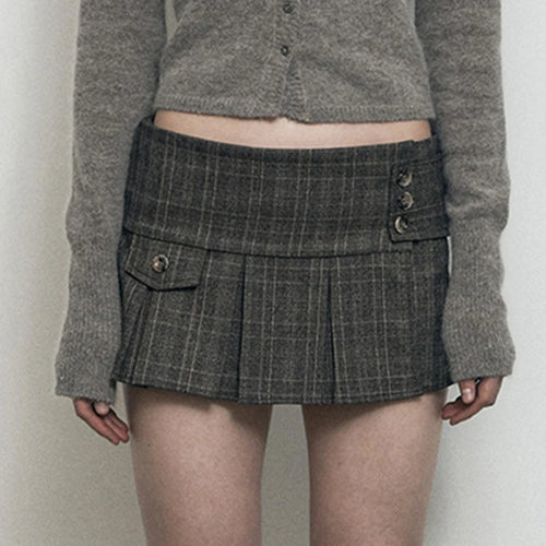 womens office siren aesthetic gray plaid low rise pleated mini skirt 