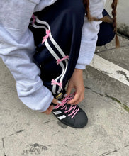 blokette outfits navy jogger pants with pink bows adidas sambas
