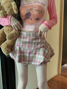 Kawaii Aesthetic Y2K Pink Brown Plaid Flared Mini Skirt