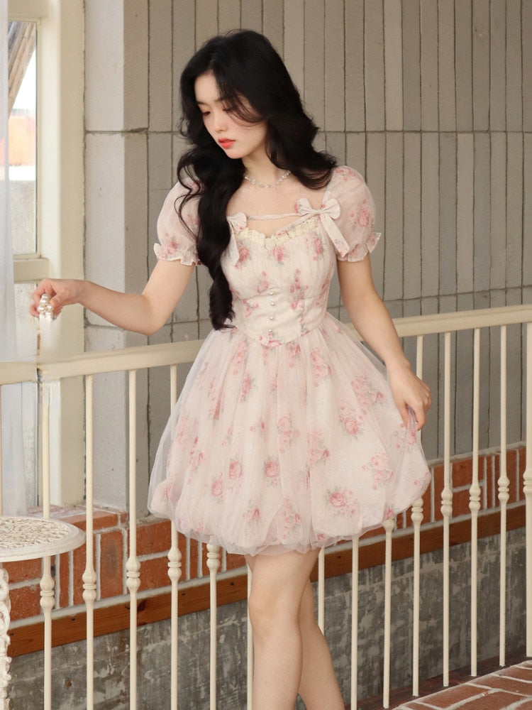 Japanese Fashion Coquette Dollette Soft Girl Aesthetic Floral Dress wi