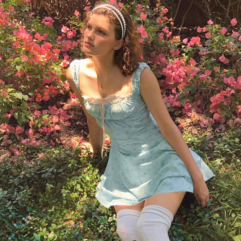 Womens Coquette Aesthetic Milkmaid Sky Blue Floral Dress – The Kawaii Factory