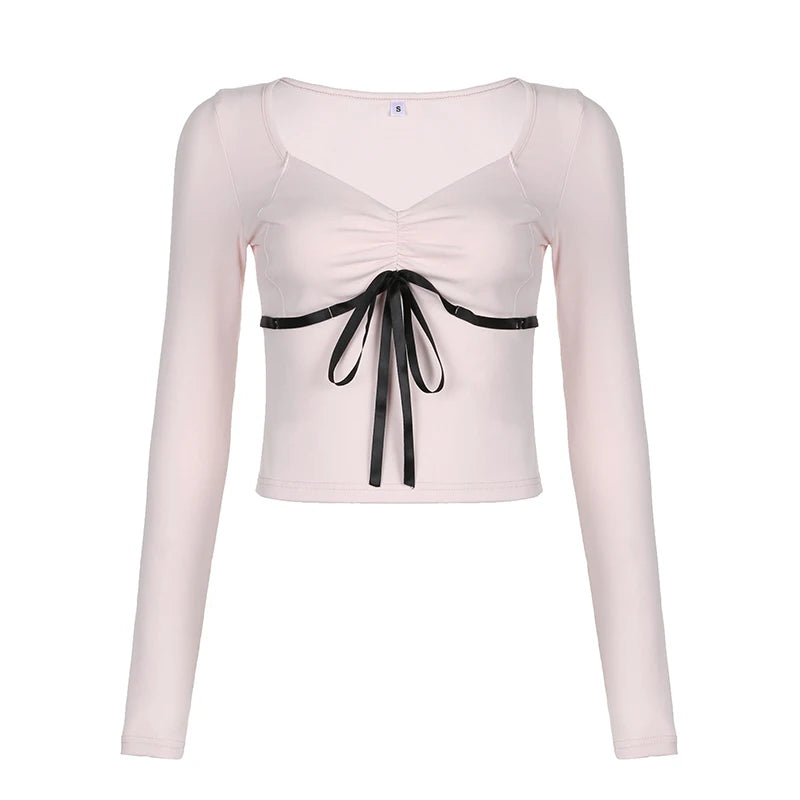 Y2K Coquette Aesthetic Fashion Pink V-neck Long Sleeve Shirt with Bow – The  Kawaii Factory