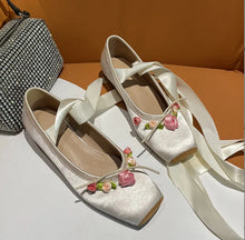 womens aesthetic white floral ballerina shoes ballet flats satin crisscross square toe shoes