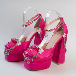 womens satin platform heels hot pink square toe ankle strap pumps prom shoes