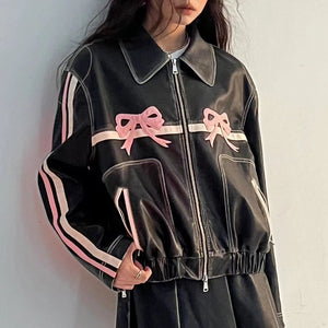 arcana archive bow jacket black leather jacket with pink bows