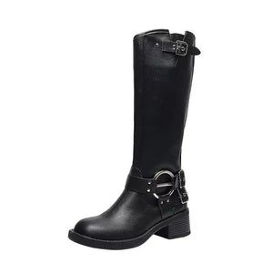 womens motorcycle boots black faux leather knee high boots