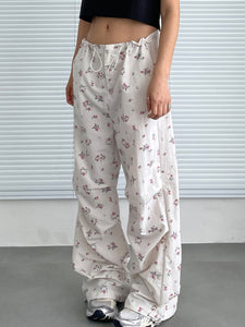 Harajuku Kawaii Aesthetic Y2K Floral White Baggy Cargo Trousers Parachute Pants