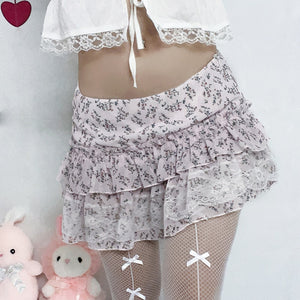 Kawaii Aesthetic Coquette Dollette Floral Print Low Rise Pink Chiffon Micro Skirt