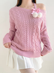 Harajuku Kawaii Aesthetic Lolita Fashion Winter Coquette Dollette Off Shoulder Pom Pom Pink Knit Sweater