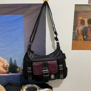 Harajuku Y2K Vintage 90s Grunge Aesthetic Black and Burgundy Messenger Bag Schoolbag