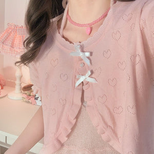 Harajuku Sweet Lolita Coquette Dollette Baby Pink Pointelle Heart Short Sleeve Cardigan