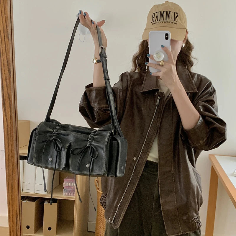 Womens Y2K Aesthetic Purse Hobo Distressed Leather Bow Handbag