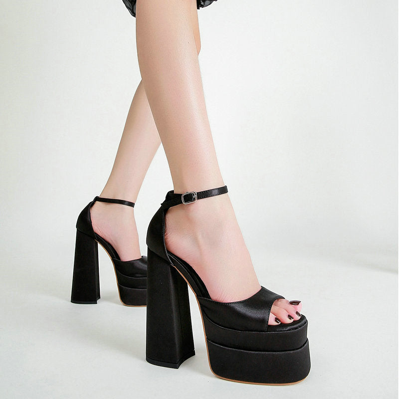womens black satin heels platform sandals