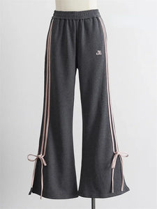 womens aesthetic clothes high waist tall flared gray sweatpants with pink bows korean outfits
