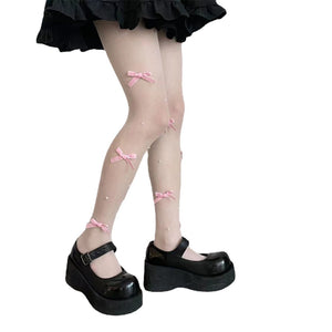 Harajuku Kawaii Aesthetic Pearl Velvet Bow Sheer Tights