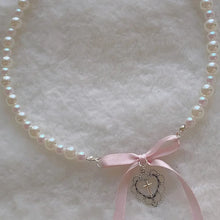 womens aesthetic jewelry coquette dollette pearl necklace with pink bow