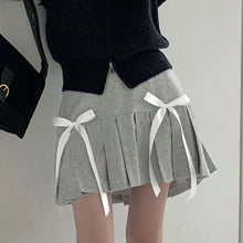 womens preppy coquette outfits grey short skirt with white bows