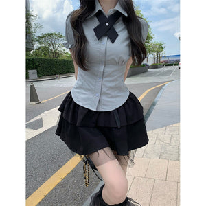 Harajuku Japanese Fashion School Uniform Horror Game Protagonist Slim Fitted Blouse with Bow