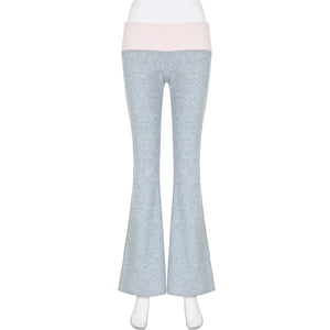 gray and pink fold over flared leggings