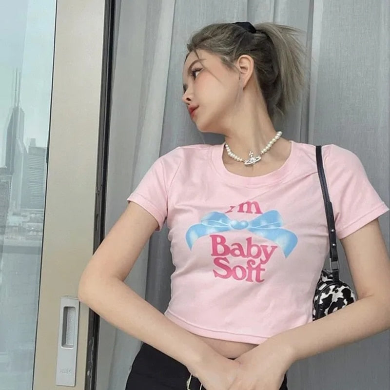 Harajuku Kawaii Fashion Y2K Aesthetic Coquette Dollete Baby Soft Graphic Tshirt