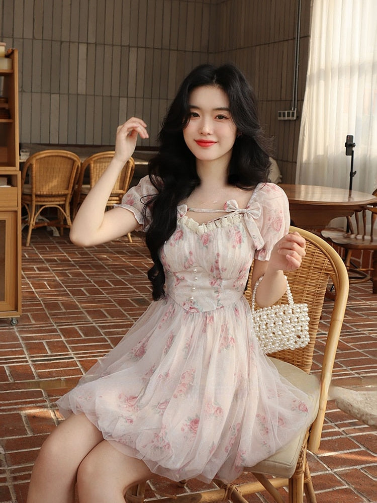 Coquette Aesthetic Soft Girl White Floral Puff Sleeve Dress