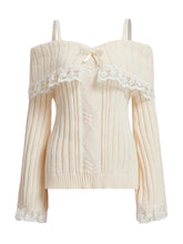 Kawaii Aesthetic Soft Girl Winter Coquette Dollette Off Shoulder Lace Trim Beige Pink Knit Sweater