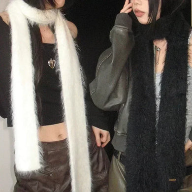 womens y2k skinny scarf black white angora mohair mink fur immitation scarf