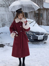 Korean Style Old Money Aesthetic Elegant Wine Red Faux Fur Trim Midi Coat