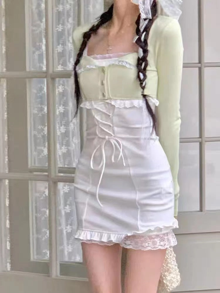Kawaii Aesthetic Coquette Dollette Corset White Dress Light Green Cardigan Set