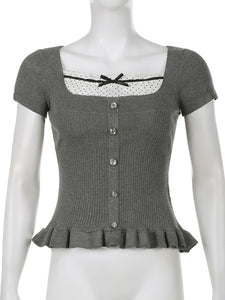 Kawaii Aesthetic Coquette Dollette Short Puff Sleeve Gray Milkmaid Top
