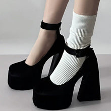 Kawaii Aesthetic Korean Style Black Velvet Chunky High Heel Platform Pumps